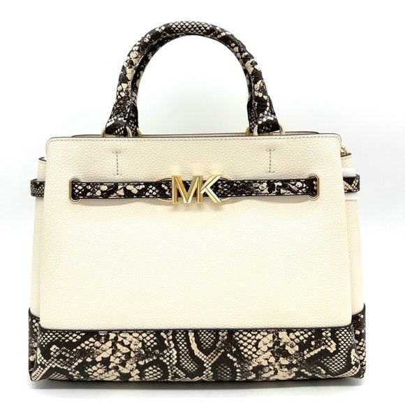 Michael Kors Large Reed Leather Belted Satchel Crossbody Bag Cream Snakeskin - Picture 1 of 12